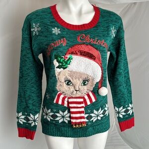99 Jane Street Meowy Christmas green red multicolor holiday cat theme sweater
